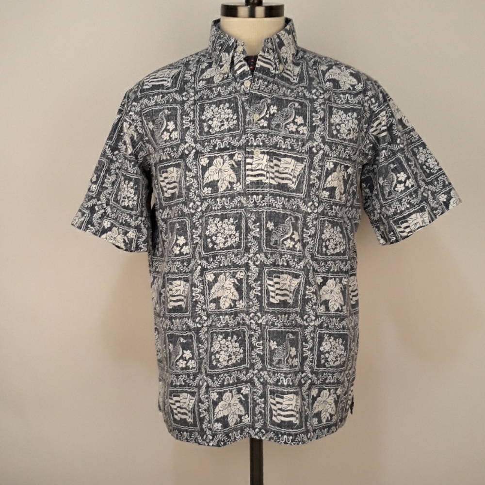 REYN SPOONER Grey Blue Birds Floral Sz L Mens‎ Short Sleeve Shirt